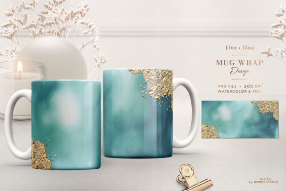 Mug Sublimation Blue Gold Watercolor