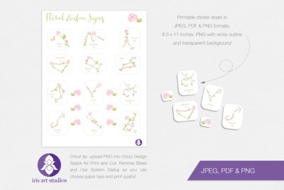 Printable Floral Zodiac Stickers, Roses